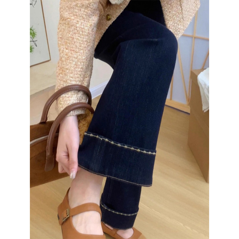 加绒直筒牛仔裤女秋冬2025新款高腰宽松小个子休闲加厚九分阔腿裤