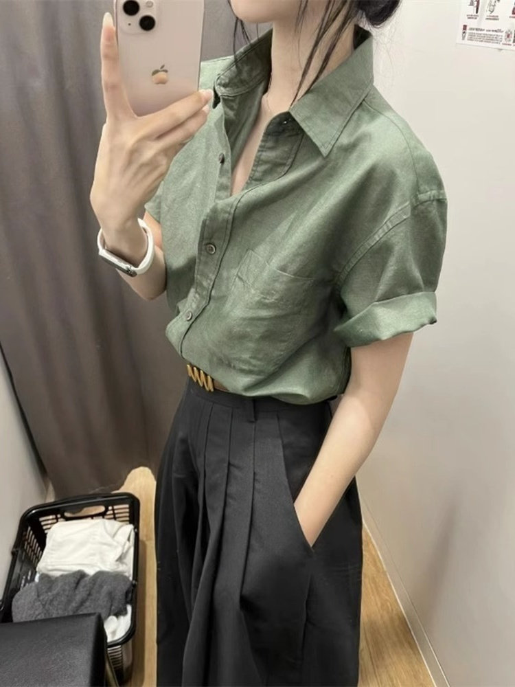 绿色短袖衬衫女装五一出游出片穿搭夏季新款别致上衣宽松衬衣上衣