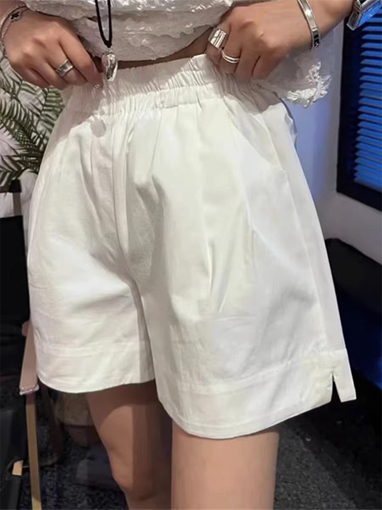 白色阔腿短裤女夏季薄款大码胖mm高腰宽松显瘦松紧腰百搭休闲中裤