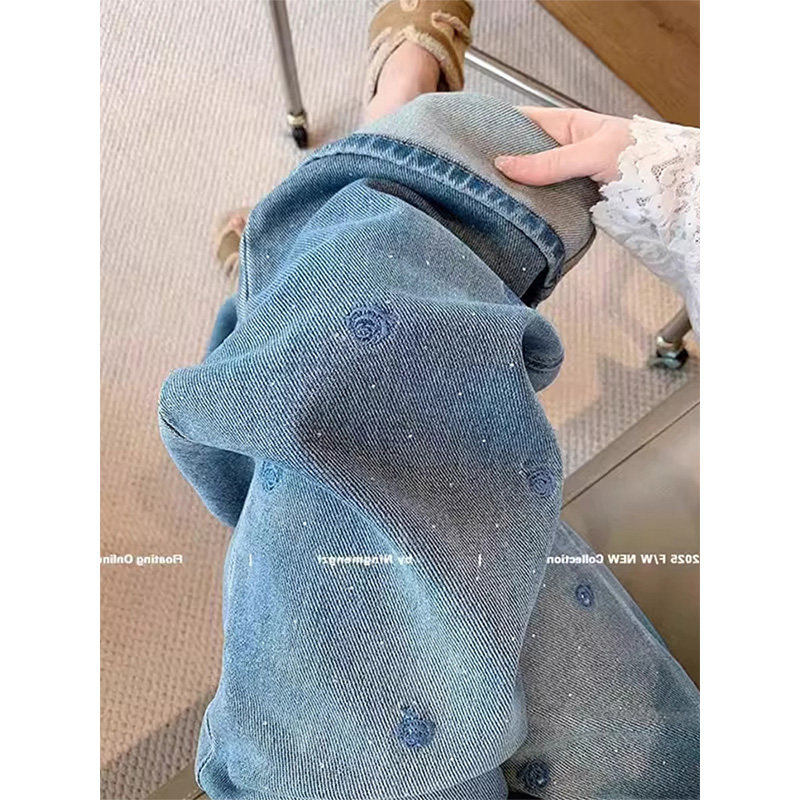 蓝色刺绣烫钻牛仔裤女秋冬新款加绒直筒裤大码宽松显瘦时尚阔腿裤