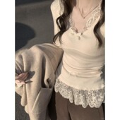 纯欲风蝴蝶结打底衫 女2026早春穿搭设计感蕾丝花边长袖 t恤上0202r