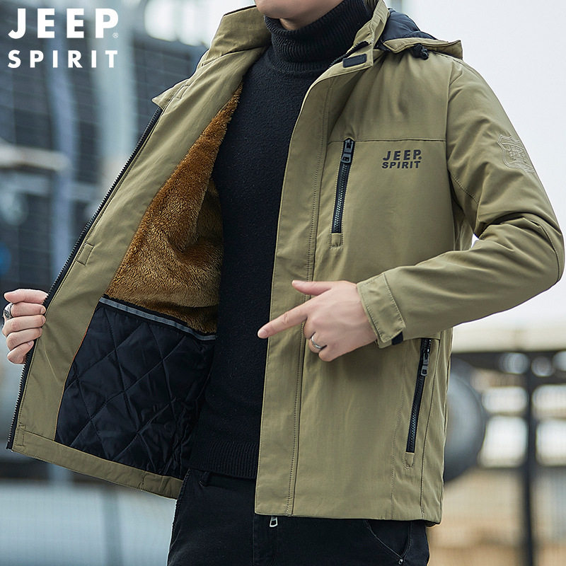 JEEP SPIRIT男士冬季棉服加绒加厚保暖可脱卸帽休闲外套男HL8111B