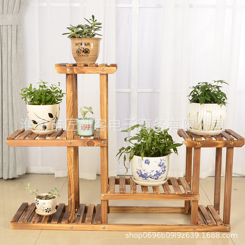 花架多层实木落地绿植阳台客厅防腐碳化置物架万向轮批发量大从优