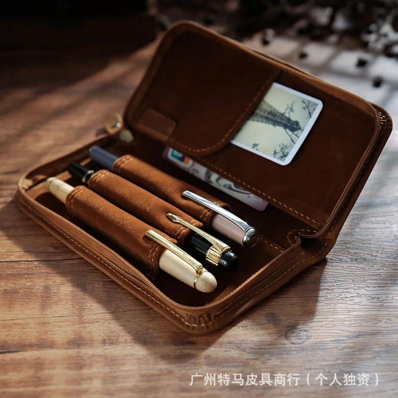 欧美新款复古风真皮三支装拉链笔盒便携多功能带大钞位文具盒