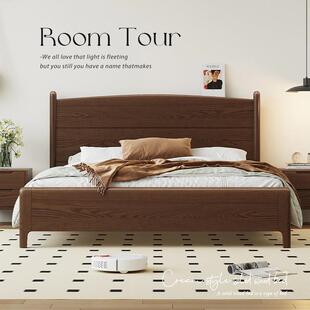 胡桃木色白蜡木法式床榫卯家用实木床1米2现代简约床单人床一米二