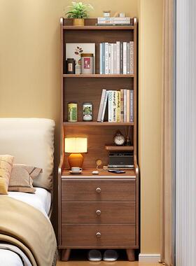 #卧室高款床边家用多层置物架小型实木床头柜一体书架收纳架储物