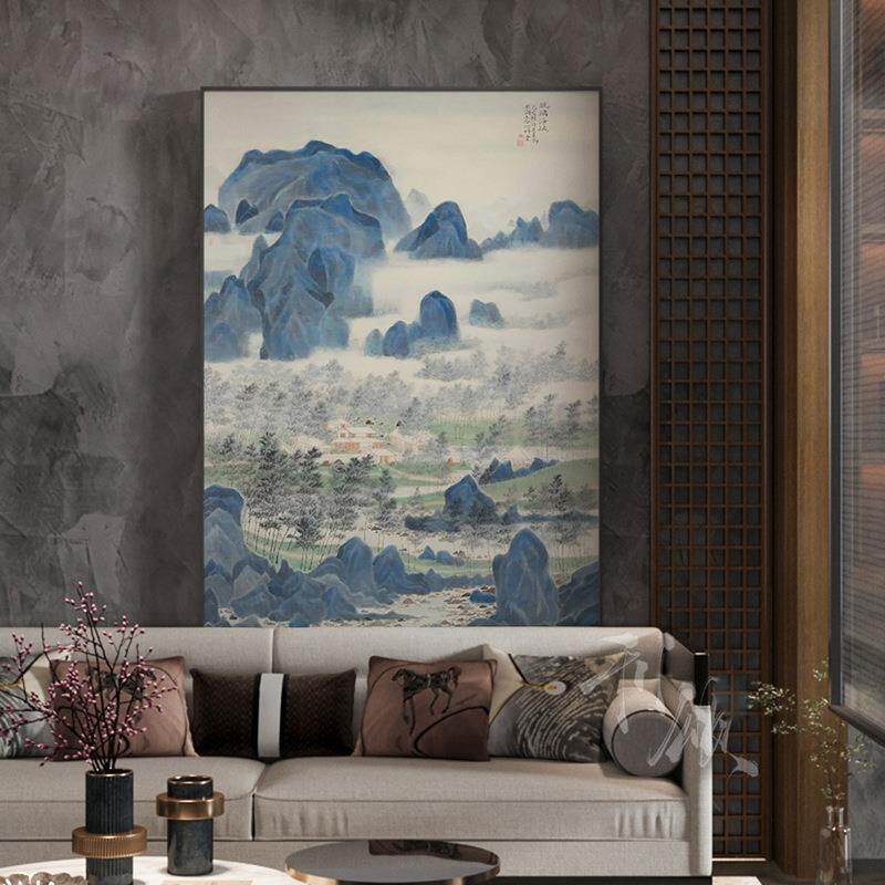 新中式蓝色山水风景国画卧室书房茶室古典客厅装饰画玄关壁画挂画