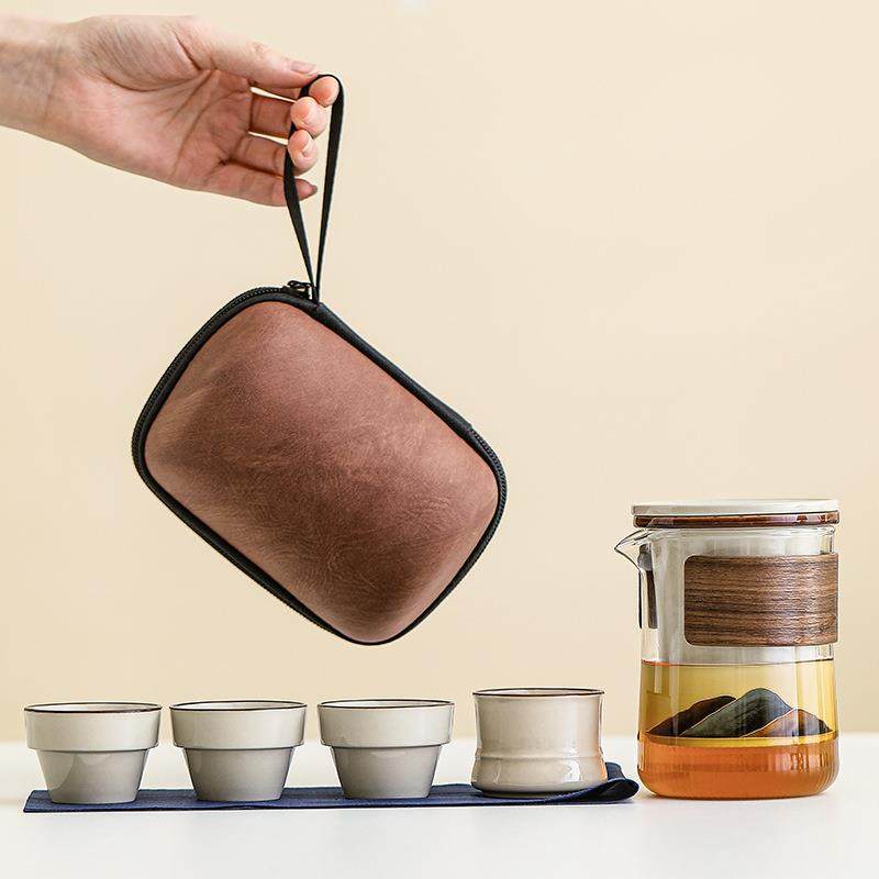 山川快客杯旅行茶具陶瓷玻璃泡茶壶一壶四杯户外简约泡茶便携套装