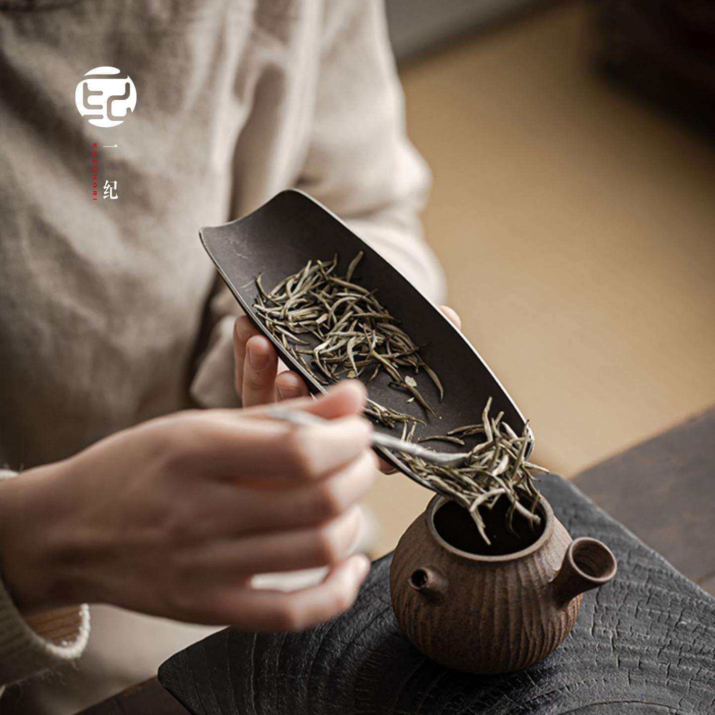 一纪茶则茶拨二件套装中式复古锡制茶荷茶匙茶道六君子配件