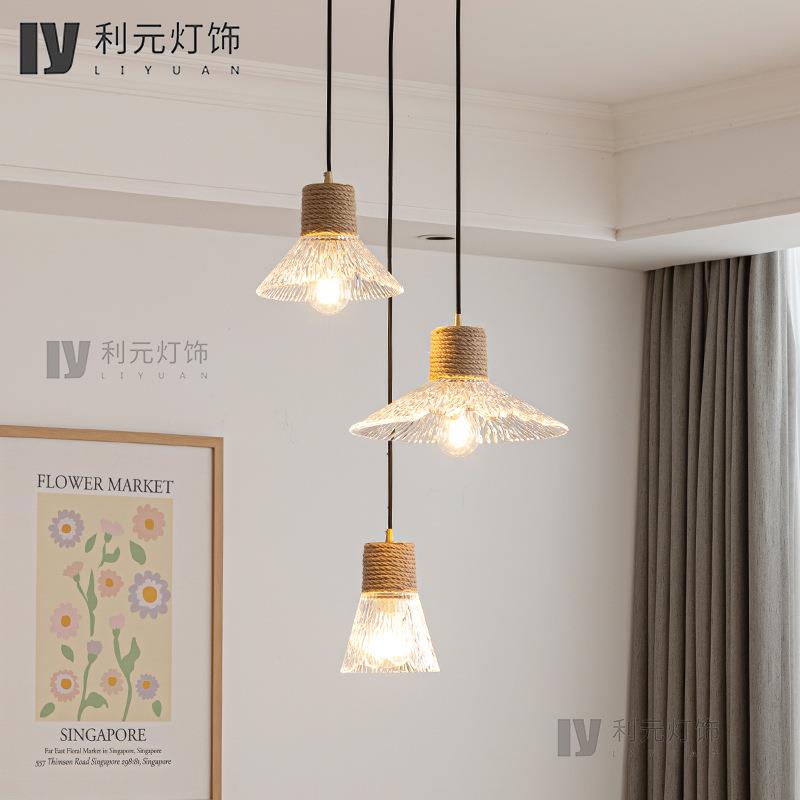 日式原木风玻璃吊灯餐厅吧台橱窗小吊灯商用三头麻绳圆盘餐吊灯