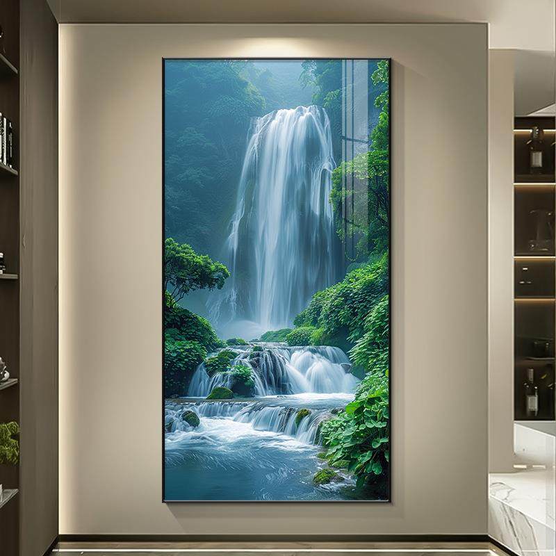 瀑布流水画正对门玄关装饰画客厅入户走廊过道挂画源远流长山水画