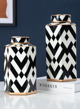 陶瓷装饰罐现代简约黑白罐陶瓷罐北欧家居摆件陶瓷花瓶玄关工艺品