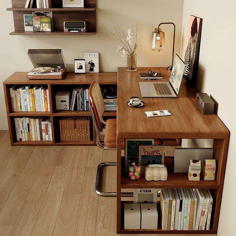 书桌书柜一体卧室家用L型电脑桌2025年新款实木转角学习桌中古风