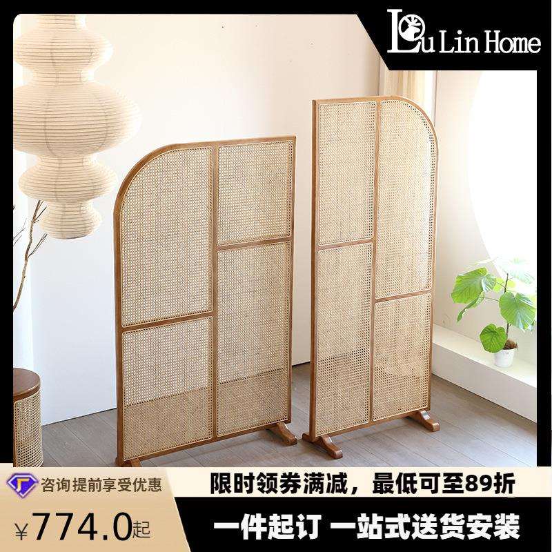 民宿日式实木屏风组合小户型新中式餐厅创意藤编隔断墙可移动座屏
