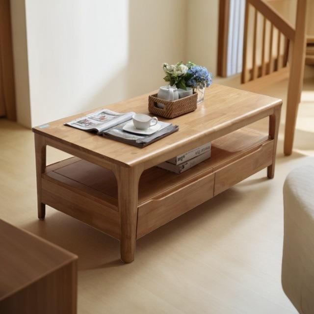 北欧实木茶几客厅家用现代简约原木色小户型2024新款茶几带抽屉