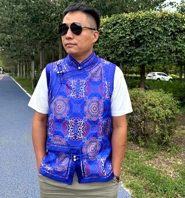 ETHNIC CHARACTERISTICS: MENS HANDMADE VEST MONGOLIAN TRADITIONAL HIGH-GRADE LINING SHOULDER BLUE WHITE REVERSIBLE VEST