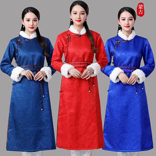 新款蒙古服装女士蒙古袍长款改良现代蒙族日常装民族棉服棉袍保暖