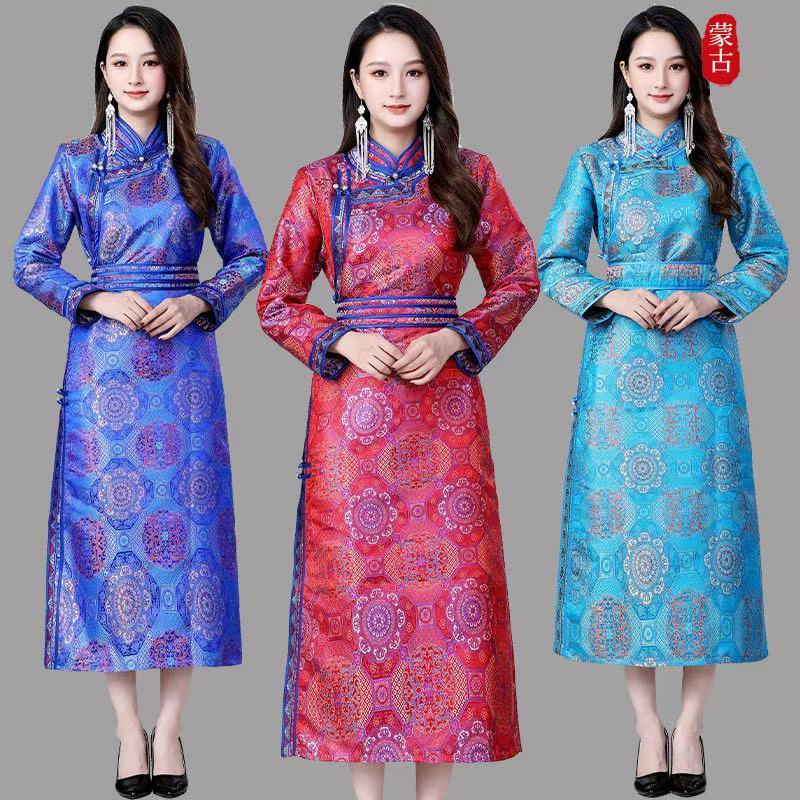 蒙古服装女长款传统蒙古袍民族风蒙古族舞蹈演出服少数民族服饰