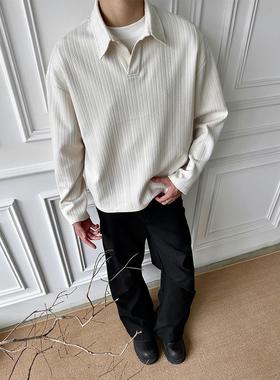 WESSK老钱风polo衫麦穗慵懒cleanfit春秋季休闲v领男加绒长袖衬衣