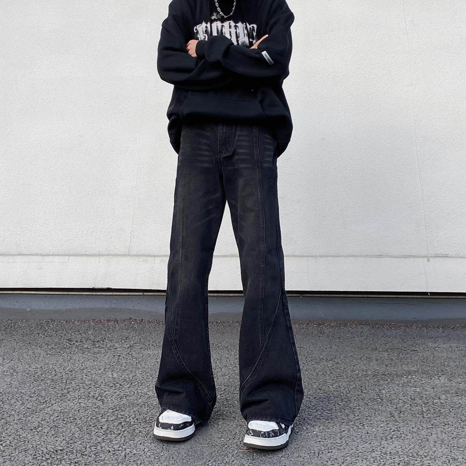 美式复古水洗做旧拼接牛仔裤男直筒宽松微喇vibe高街设计感长裤子