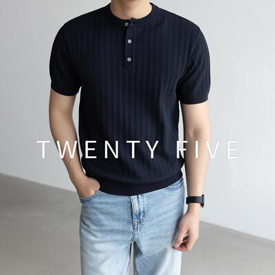 TWENTY FIVE 亨利领透气高级感针织T恤男夏商务休闲纯色短袖上衣