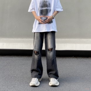 高街美式复古水洗做旧破洞牛仔裤男宽松直筒阔腿痞帅微喇乞丐裤子