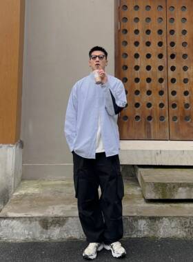 Batterup春秋外套日系宽松条纹拼接水滴袖纯棉休闲长袖衬衫男潮牌