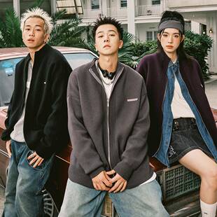 FORNINES加厚美式立领开衫毛衣男女针织衫潮牌情侣毛线衣春秋外套