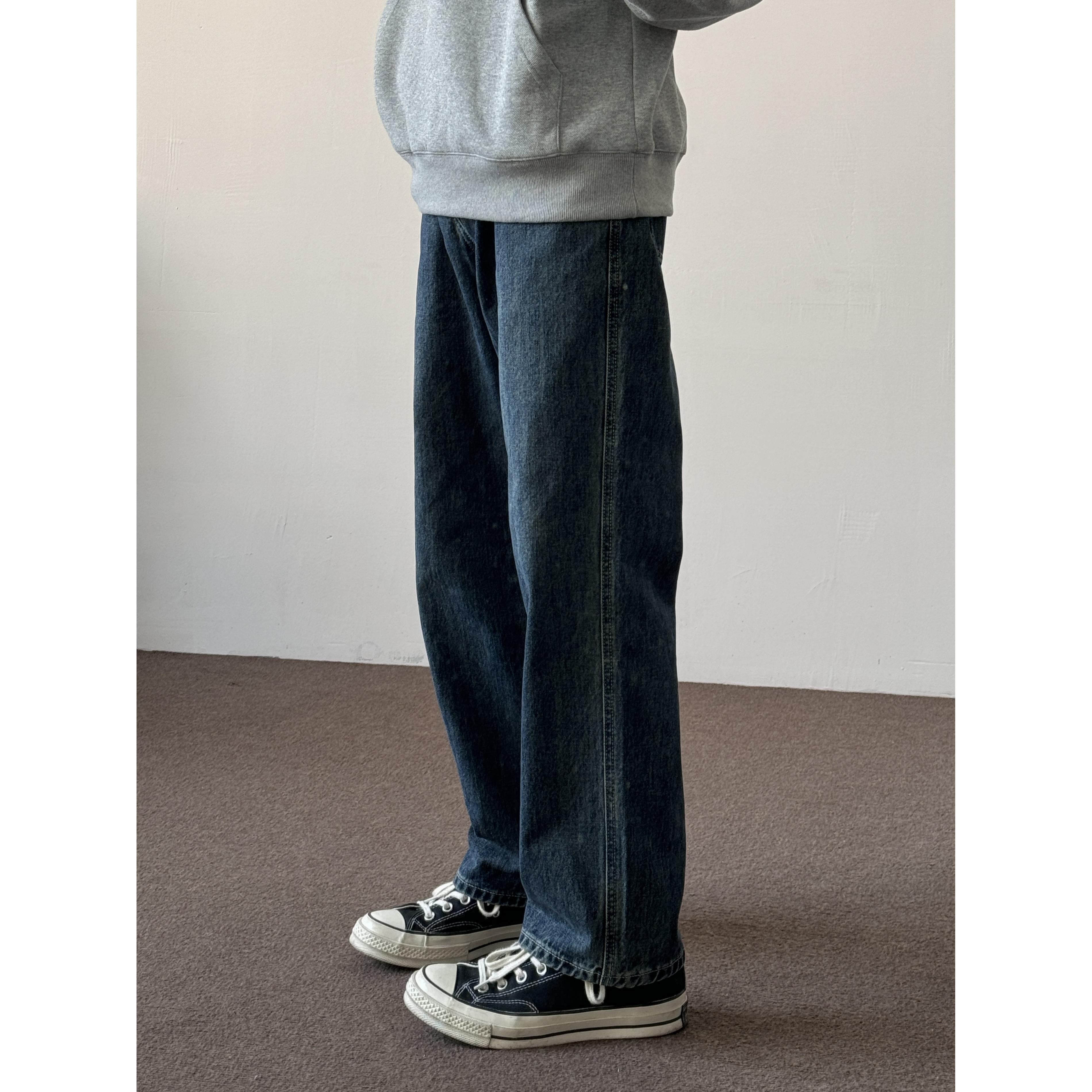 ONUN 复古水洗做旧宽松直筒牛仔裤cleanfit休闲显瘦深蓝休闲长裤