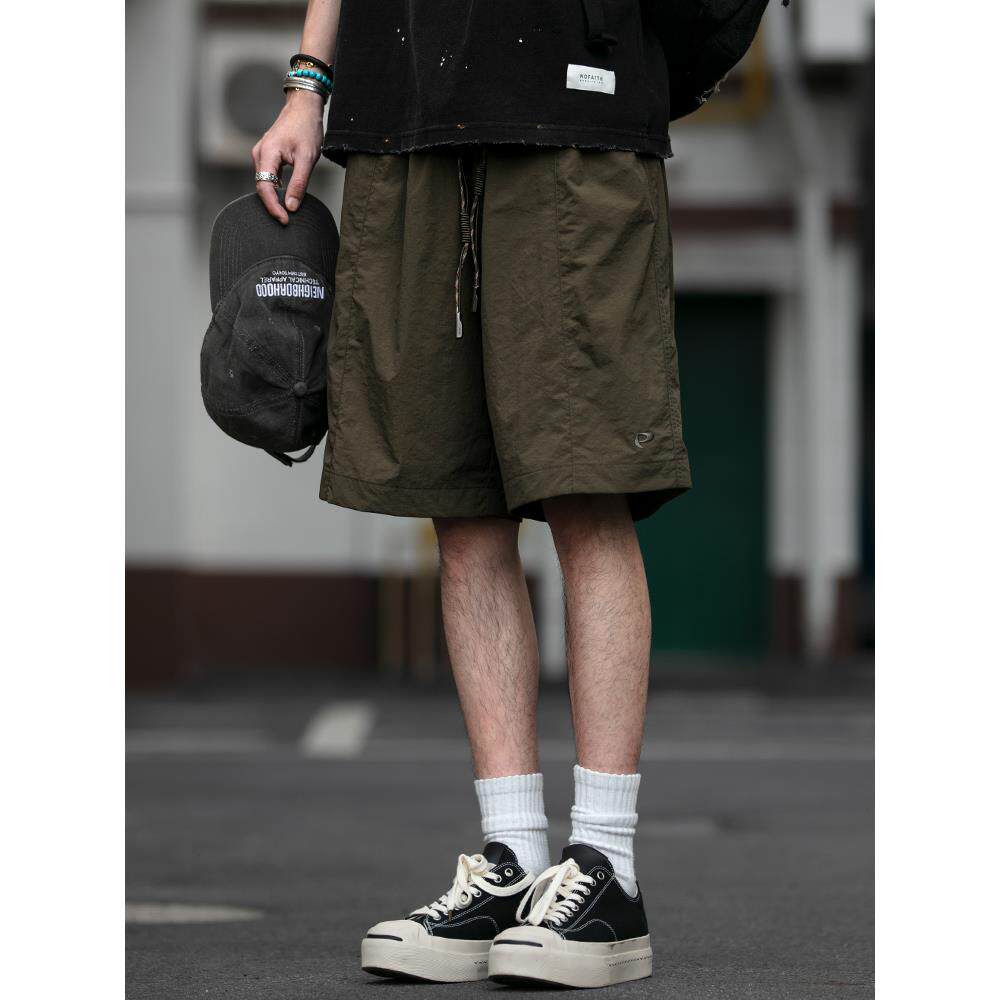 夏季防水快干UV尼龙沙滩裤男美式潮牌宽松休闲运动五分裤工装短裤