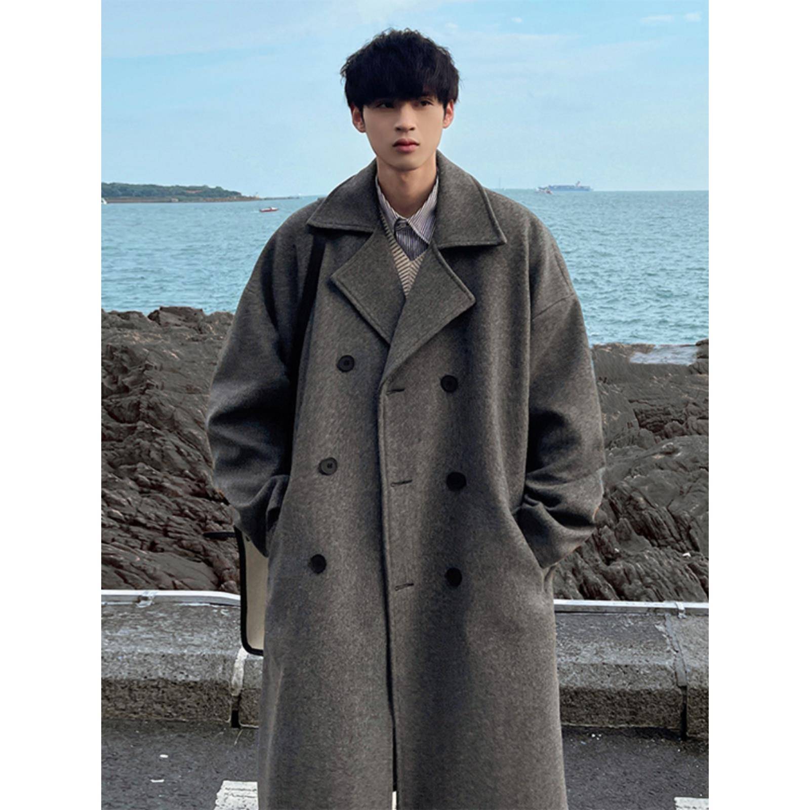 冬季毛呢大衣男中长款过膝西装领双排扣呢子风衣外套加厚ins潮流