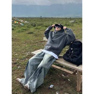 XBRO美式 潮 复古灯笼廓形锥形涂鸦破洞显瘦垂感拖地男女阔腿牛仔裤