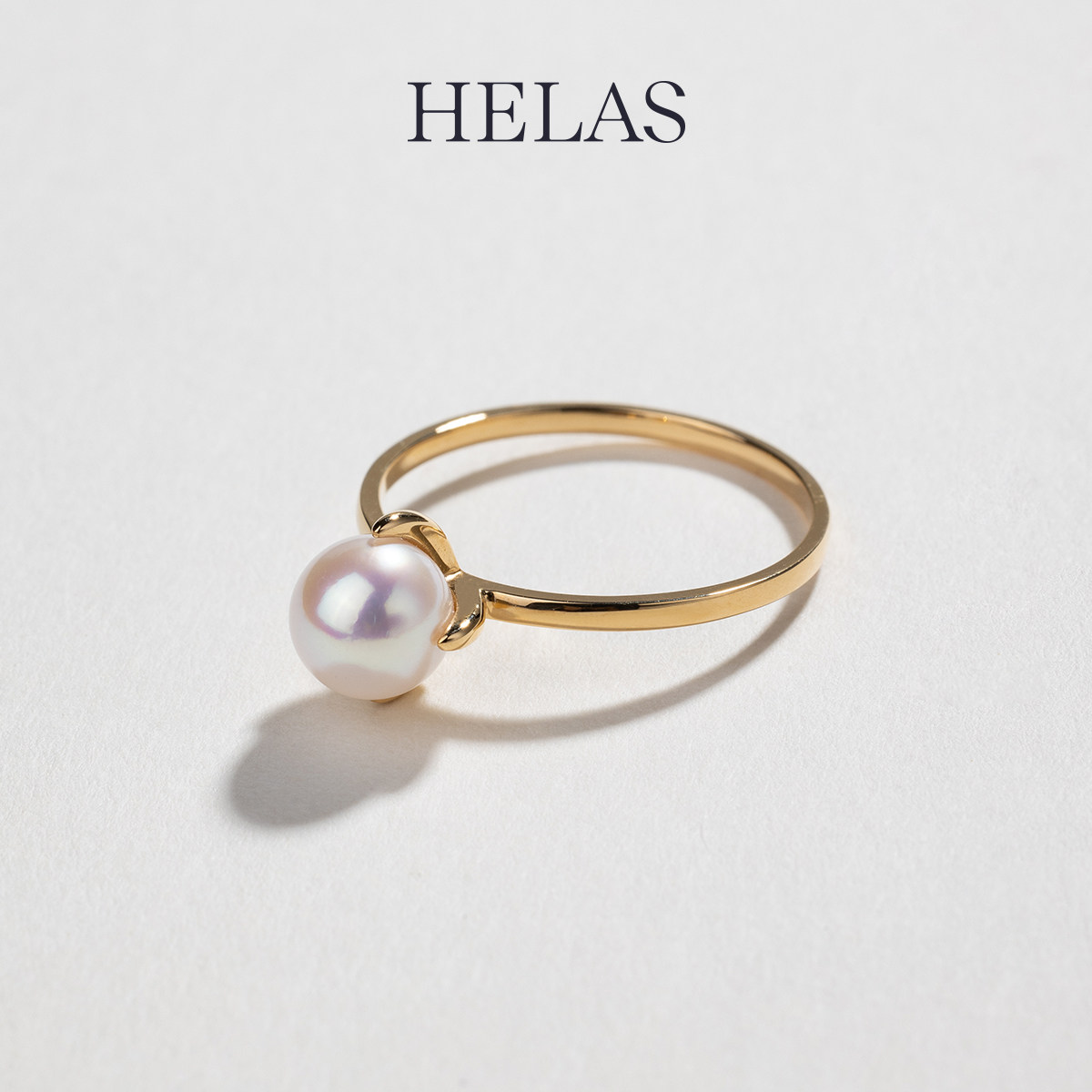 HELAS赫拉高亮akoya海水珍珠戒指18K金素金四爪婚戒珠宝礼物女