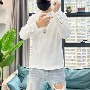 纯色纯棉打底衫 新款 衬衫 袖 T恤 男士 口下摆开衩宽松卫衣长袖 秋季