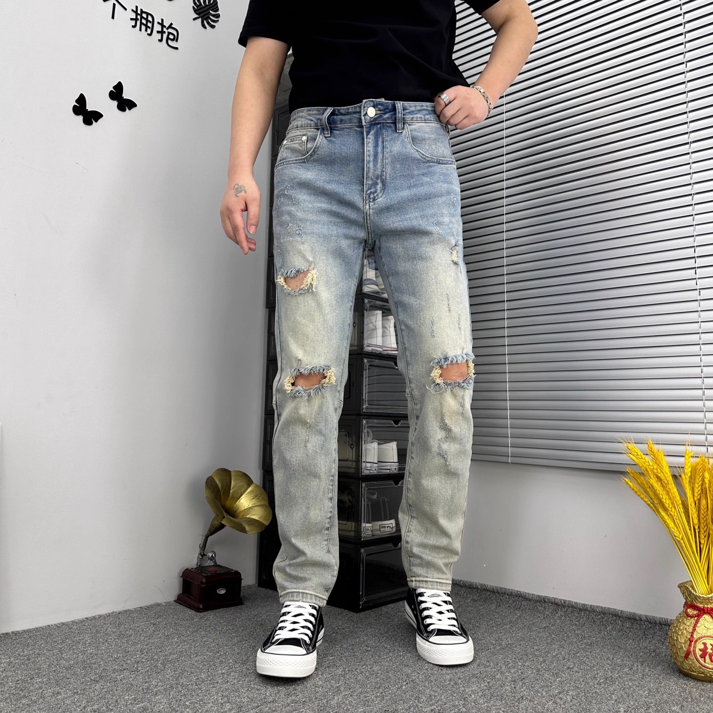 男士春季新款浅蓝色水洗破洞休闲百搭时尚潮流弹力直筒牛仔裤韩版