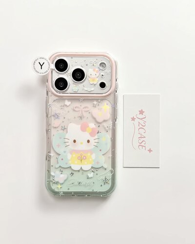 新款粉蓝渐变蝴蝶Hello Kitty手机壳适用iPhone15 16 17 ProMax 闪粉星星带马卡龙串珠挂链全包软壳