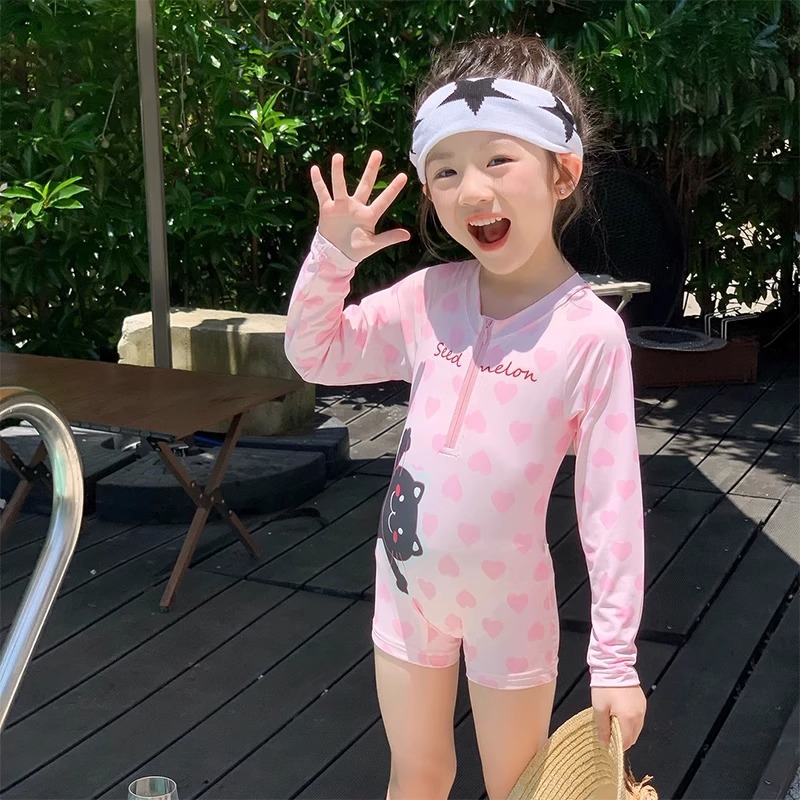 女童粉色卡通长袖连体泳衣