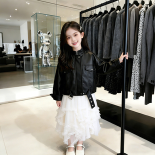 酷感洋气休闲风外套高级感黑色皮衣白纱裙 新款 女童套装 2026春秋季
