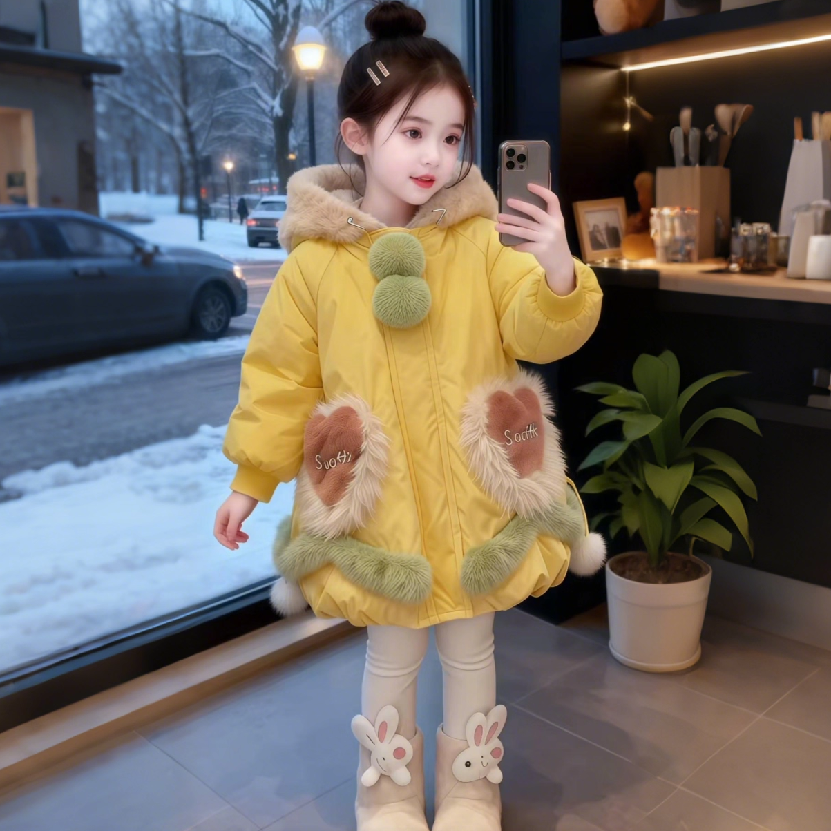女童棉衣外套2025冬季新款洋气时尚女宝宝加绒加厚甜美中长款棉衣