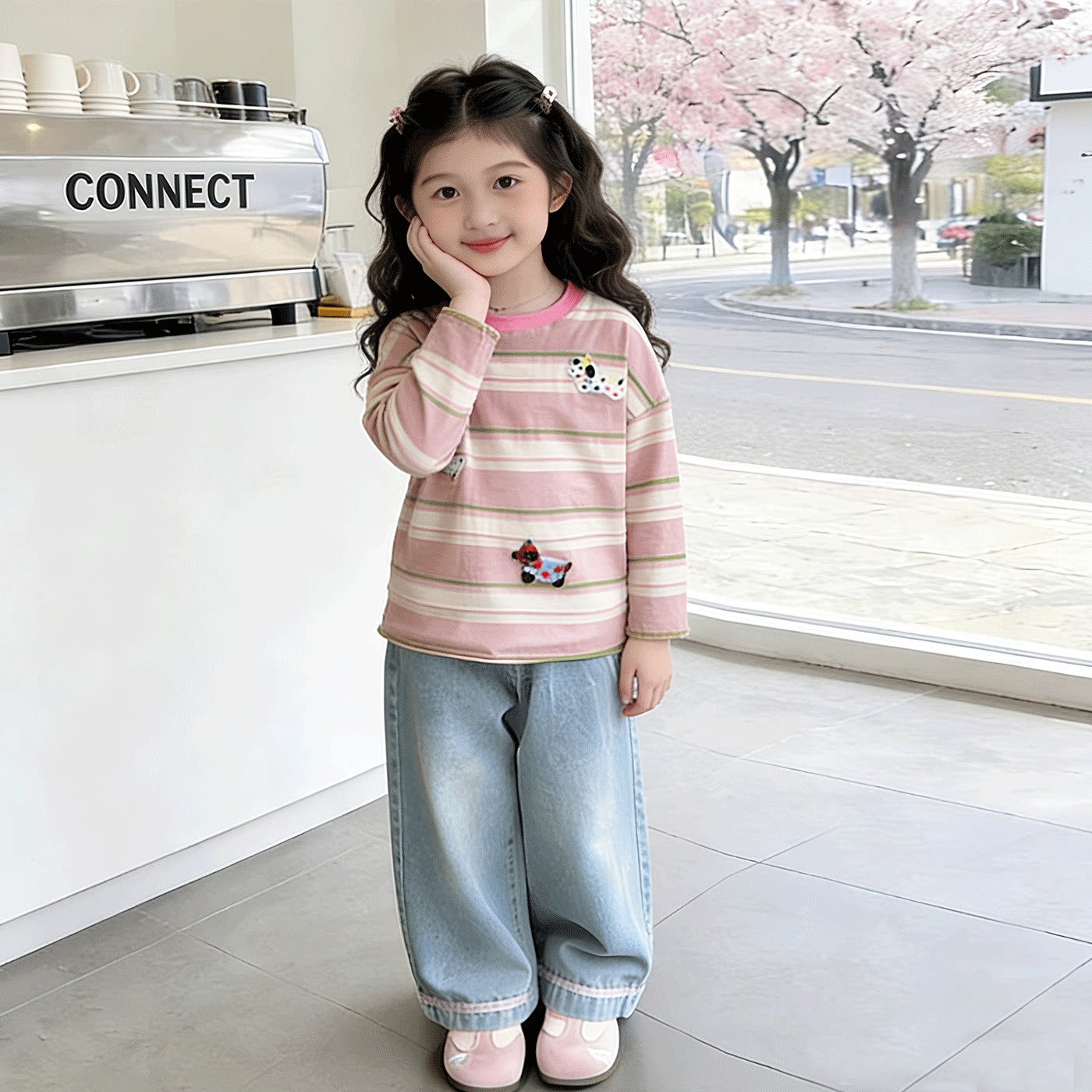 春款女童T恤2026新款韩版腊肠狗条纹圆领长袖卫衣女宝可爱春秋装