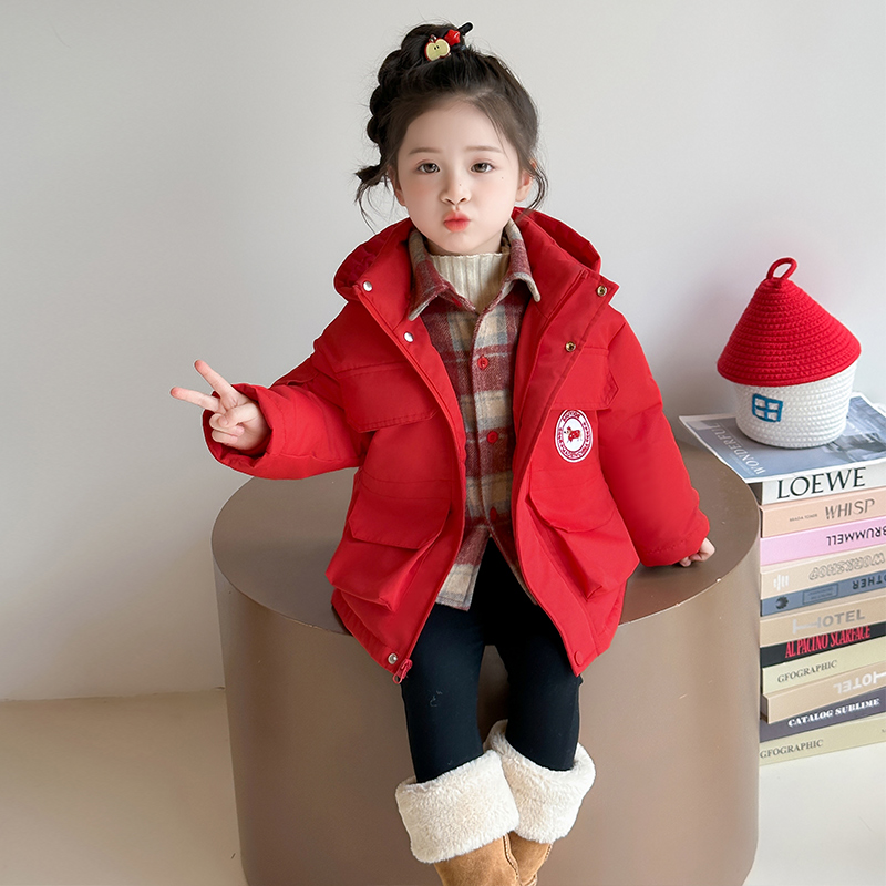 女童韩系腊肠狗红格子羽绒服