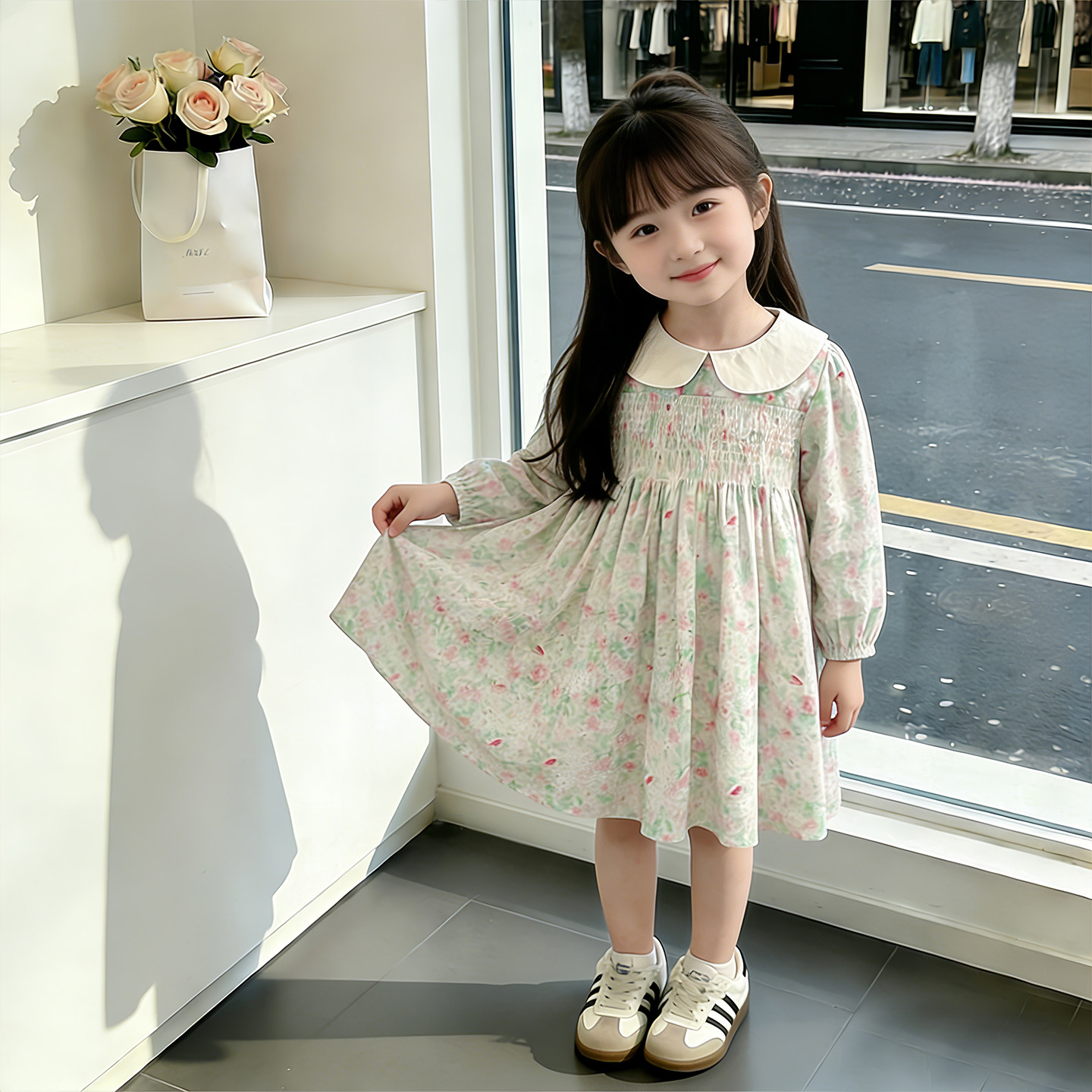春款女童连衣裙2026休闲韩版清新绿裙装女宝踏青出游可爱春秋裙装
