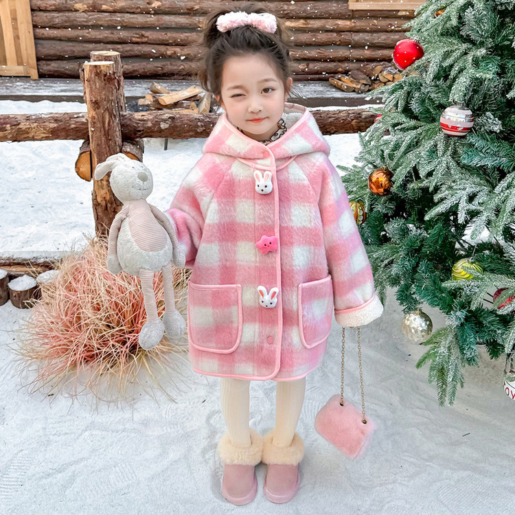 女童呢大衣秋冬装甜美格子氛围感加厚大衣女宝可爱小兔子呢子外套