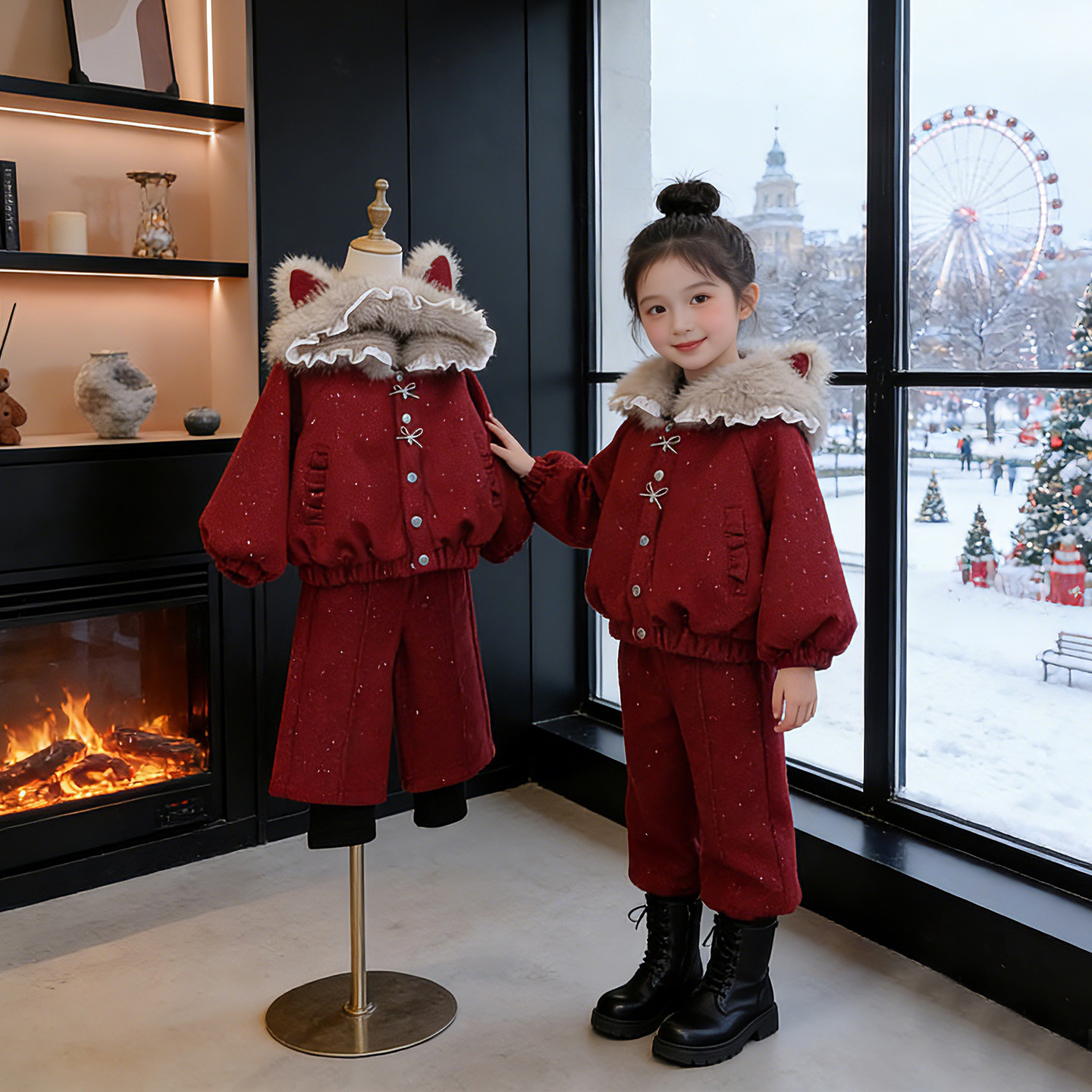 女童2025冬季保暖套装小女孩韩版时髦洋气儿童呢子外套长裤两件套