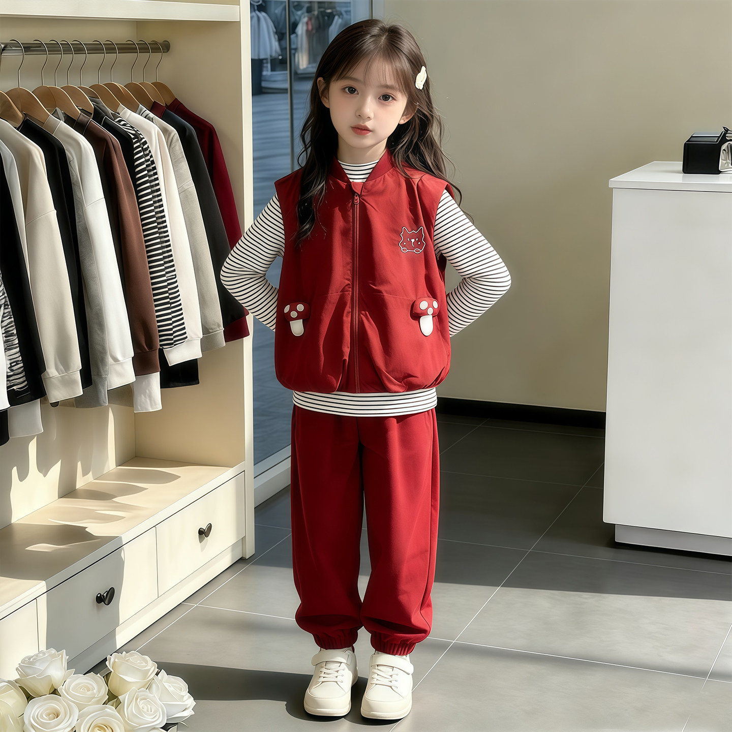 春款女童套装2026休闲韩版新款蘑菇三件套女宝卡通可爱运动春秋装