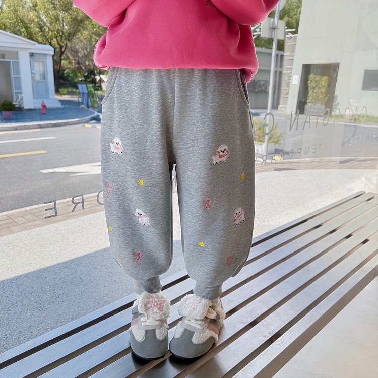 女童绣花小狗加绒裤2025秋冬新款加厚裤子女宝冬季保暖休闲运动裤