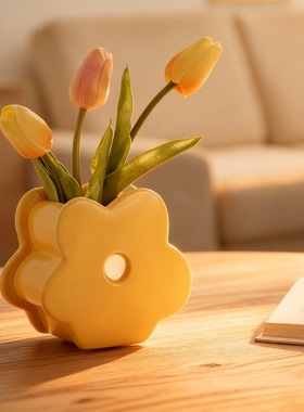 创意黄色花朵陶瓷花瓶客厅摆件