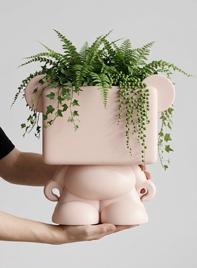 创意粉色卡通熊树脂花盆摆件