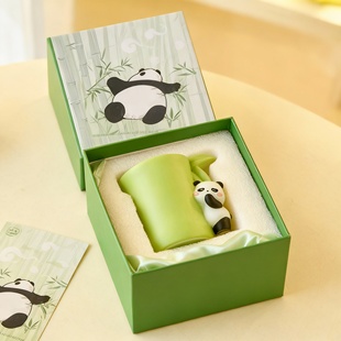 可爱熊猫卡通绿色杯子桌面摆件礼盒装 饰品 装
