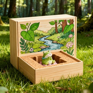 森林小青蛙木质桌面摆件卡通动物收纳盒装 饰品